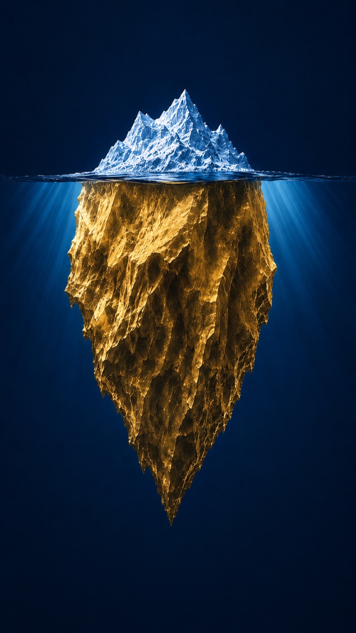 Iceberg diagram. Above the waterline, 10 percent is the visible symptom. Below it, 90 percent is the hidden structure where the work is.